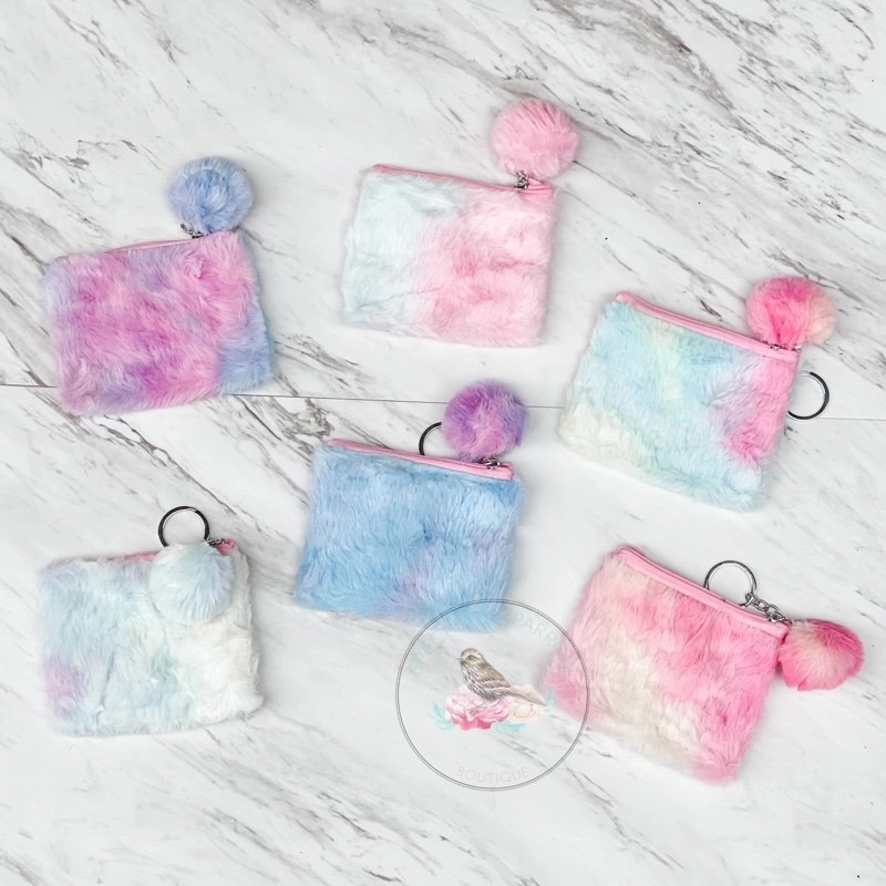 Rainbow Tie Dye Fuzzy Pouch w/Pom Pom Keychain